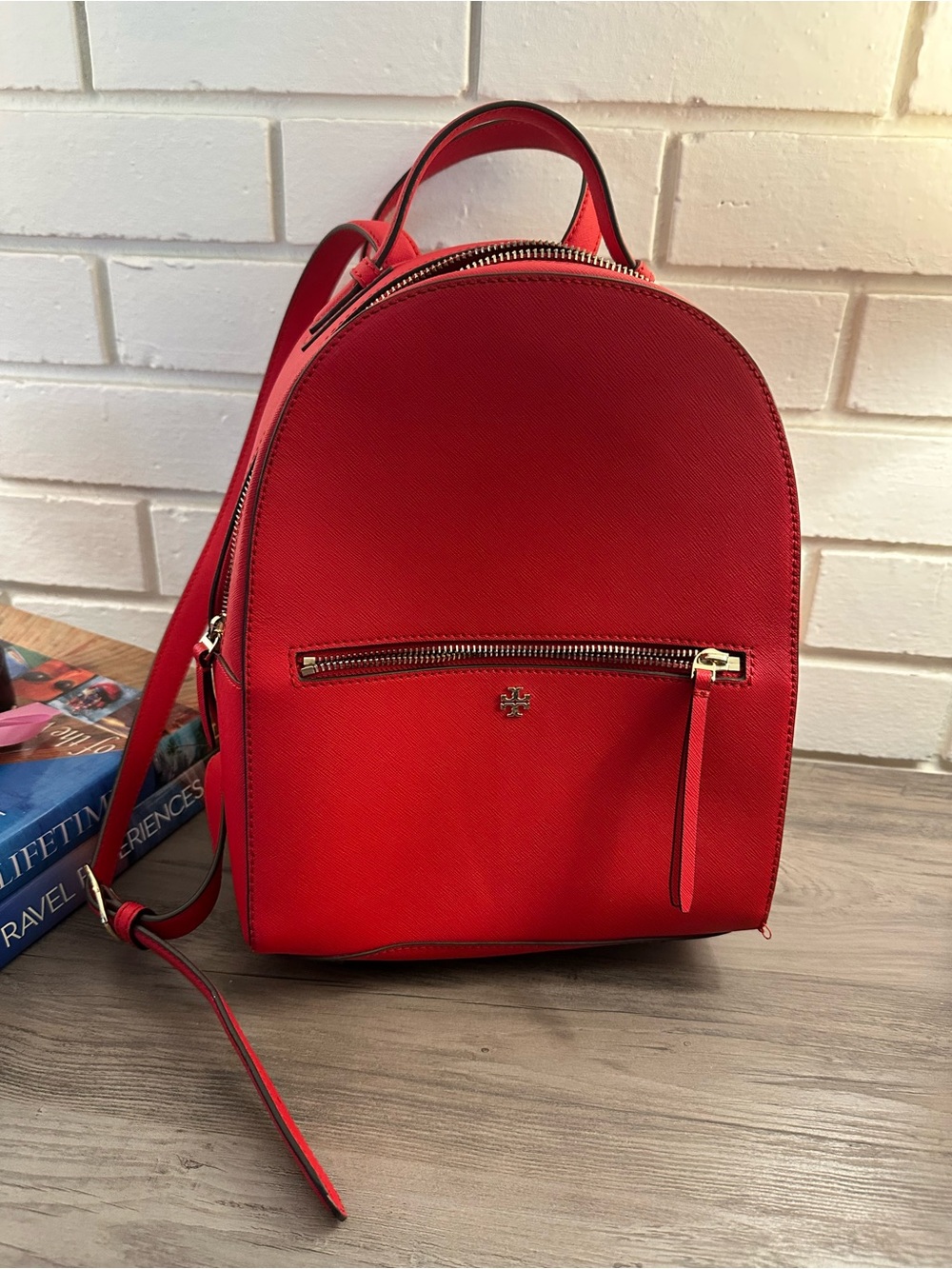 Tory Burch Red Saffiano Backpack with Gold Hardware